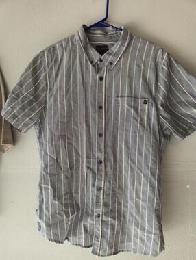 O'Neill Tailored Fit GRAY WITH WHITE Striped Short Sleeve BUTTON UP Shirt XL